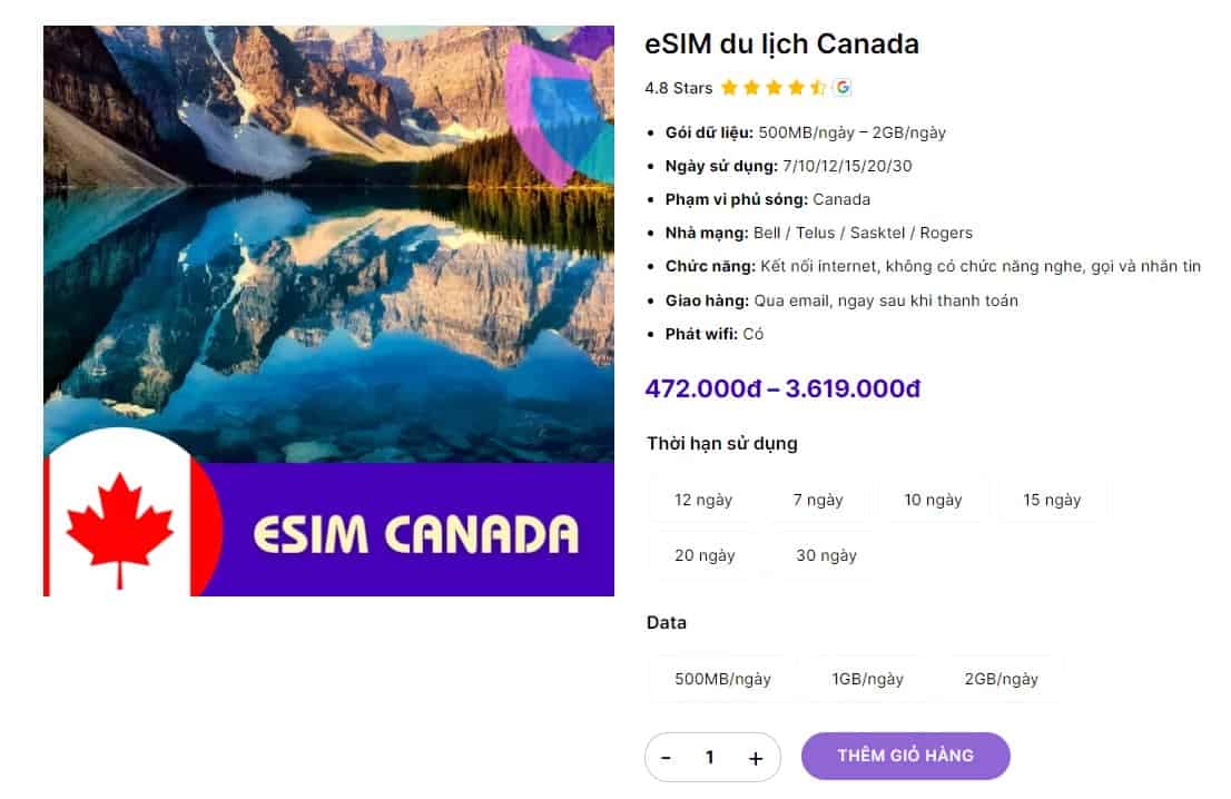 eSIM du lịch Canada của Giaggo đa dạng gói cước 