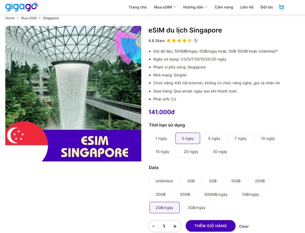 eSIM du lịch Singapore của Gigago, gói 2GB/ngày, dùng trong 3 ngày, giá 141.000 VND - so sánh giá với SIM vật lý