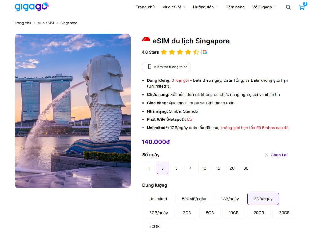eSIM du lịch Singapore của Gigago 2GB/ngày, 3 ngày - giá 140.000 VND