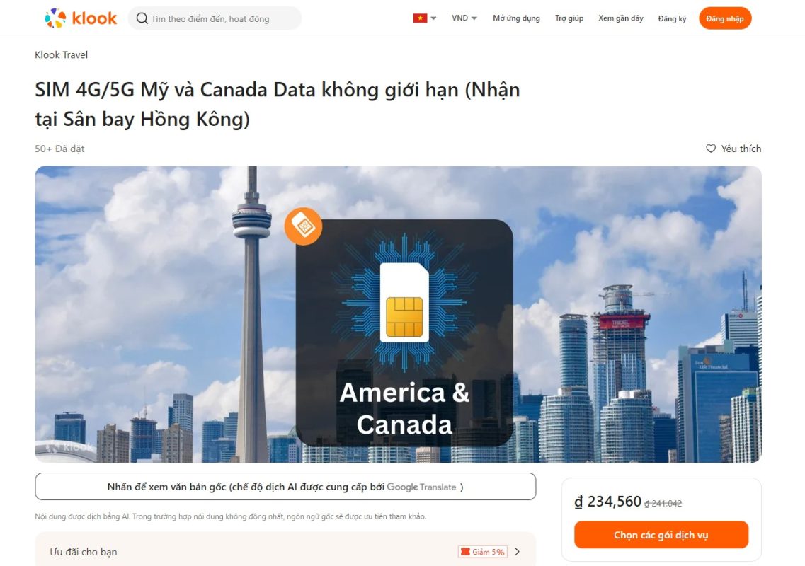 SIM du lịch Canada trên Klook cho phép mua online và nhận tại nước ngoài