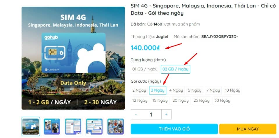 SIM du lịch Singapore 2GB/ngày, dùng trong 3 ngày, giá 140.000 VND - so sánh giá với eSIM