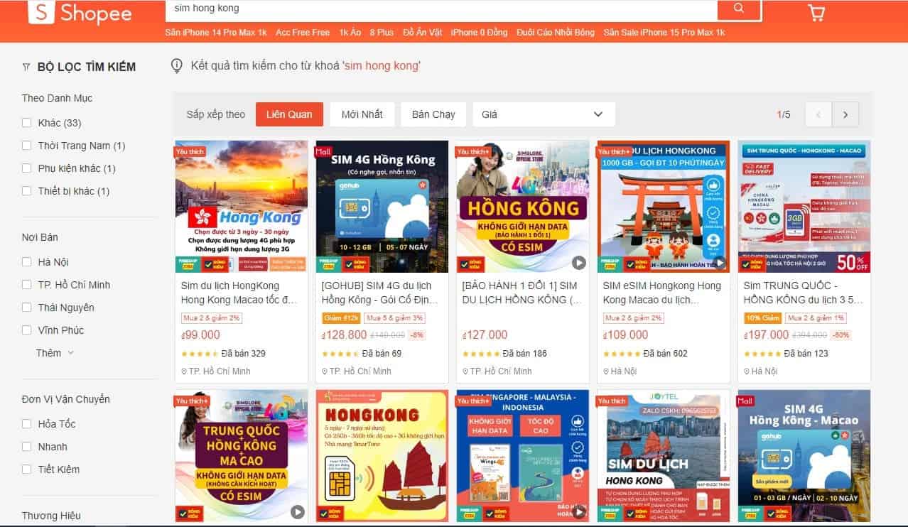 SIM du lịch Hong Kong bán trên Shopee