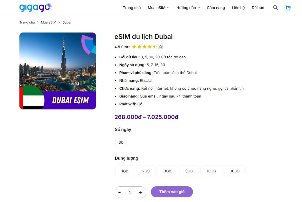 Các gói eSIM du lịch Dubai của Gigago