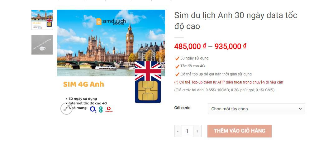 SIM 4G Anh UK bán trực tuyến tại Việt Nam