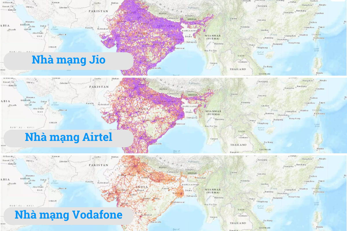 Vùng phủ sóng của 3 nhà mạng Ấn Đô: Jio, Airtel, Vodafone 