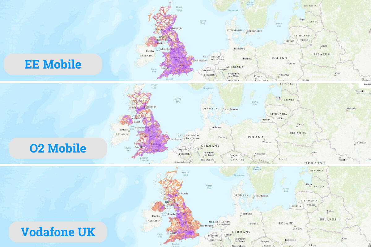 Vùng phủ sóng của 3 nhà mạng Anh UK EE, O2, Vodafone