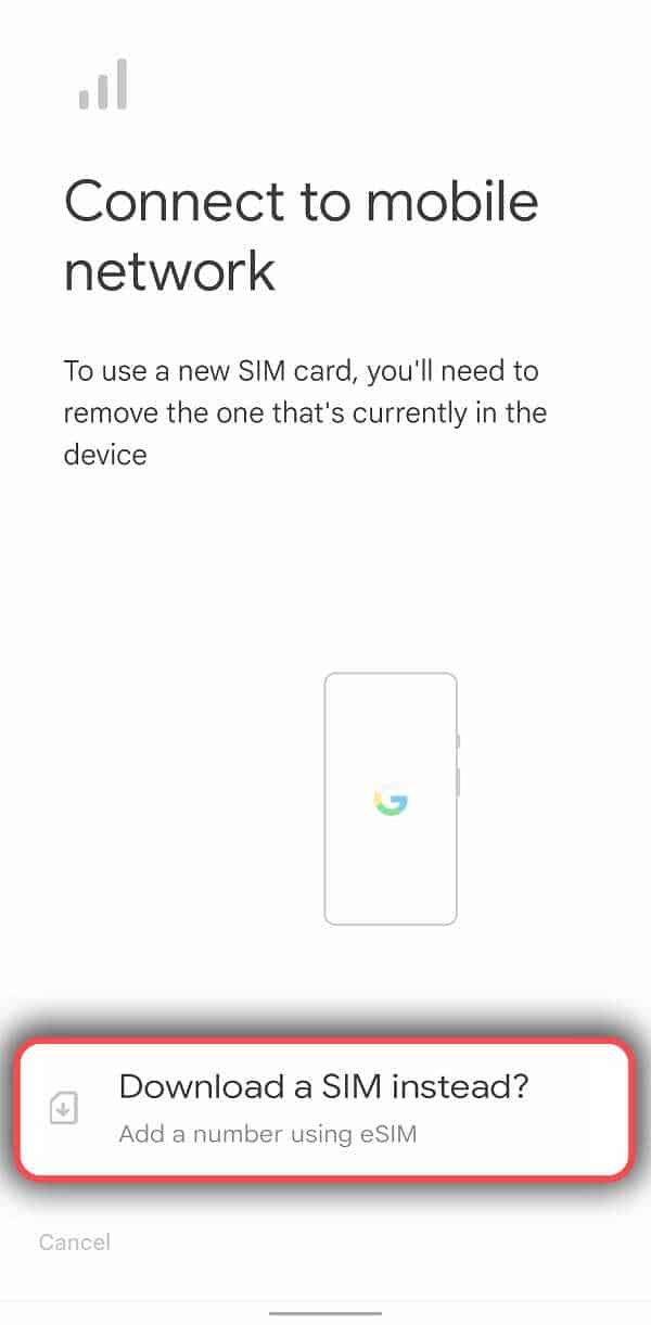 Nhấn <strong>Download a SIM instead?</strong>