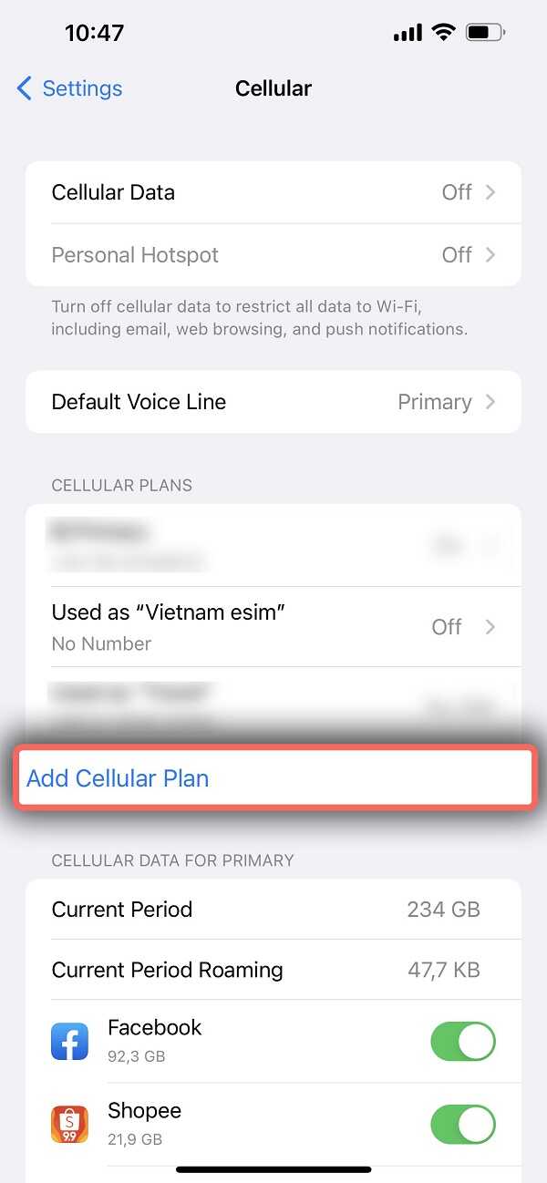 Nhấn vào mục <strong>Add Cellular Plan/Add eSIM</strong>