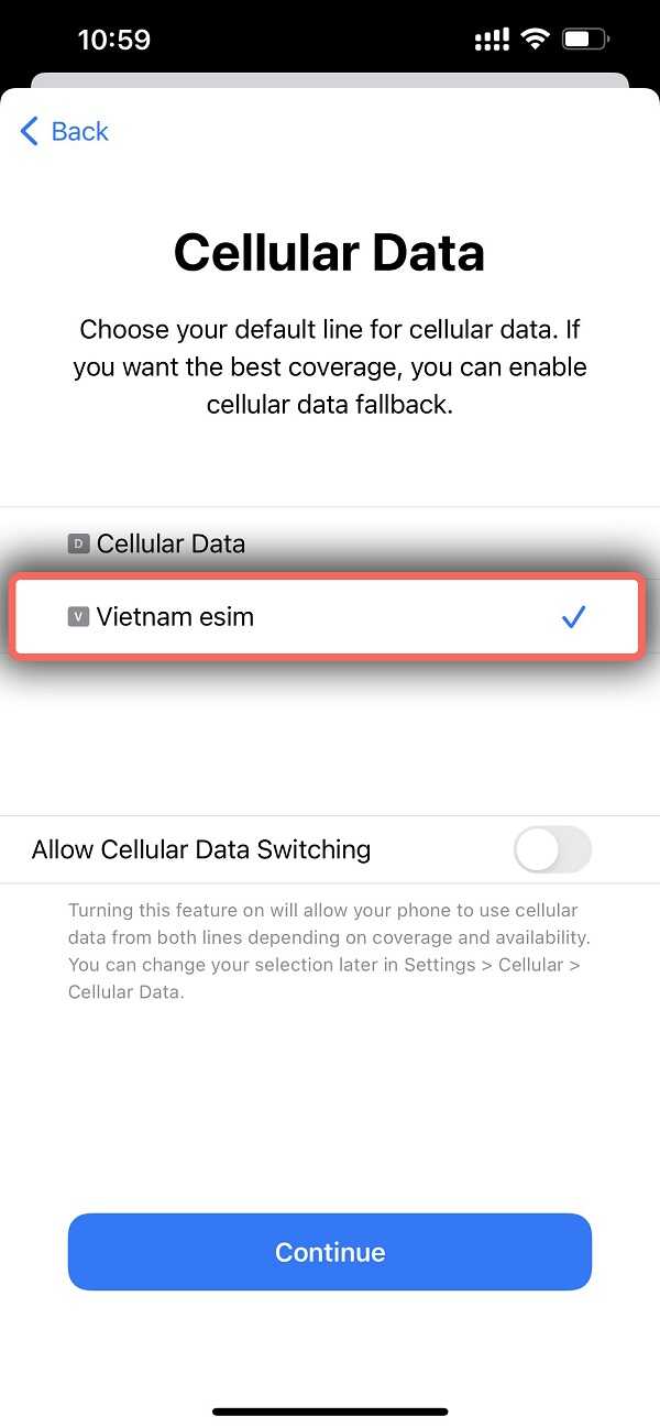Label eSIM and set its as Cellular data