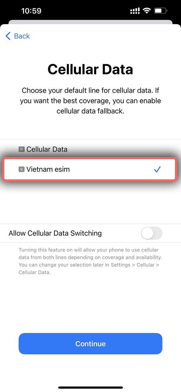 Đặt lại tên cho eSIM và chọn eSIM làm Cellular data