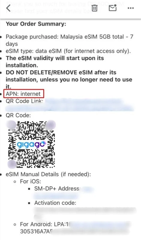 Cấu hình APN eSIM Malaysia của Gigago
