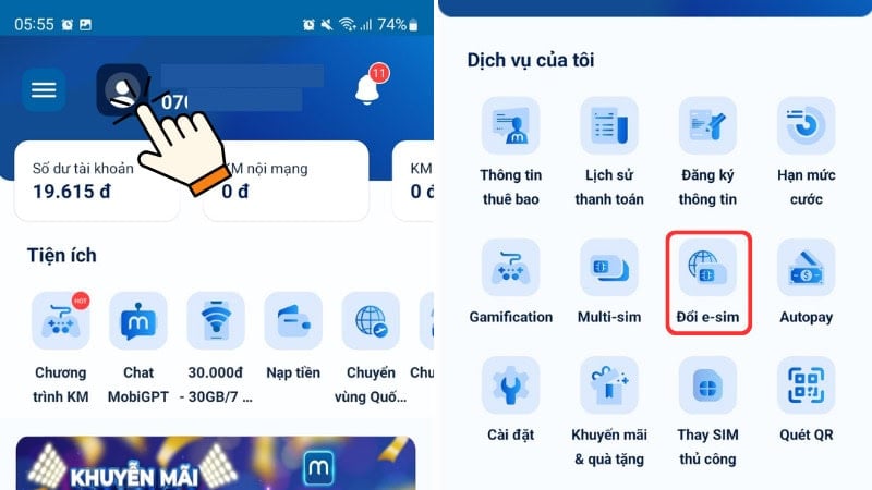 Các bước kiểm tra điện thoại hỗ trợ eSIM trên ứng dụng My MobiFone