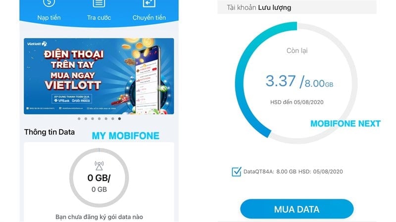 Kết quả kiểm tra dung lượng trên ứng dụng My MobiFone