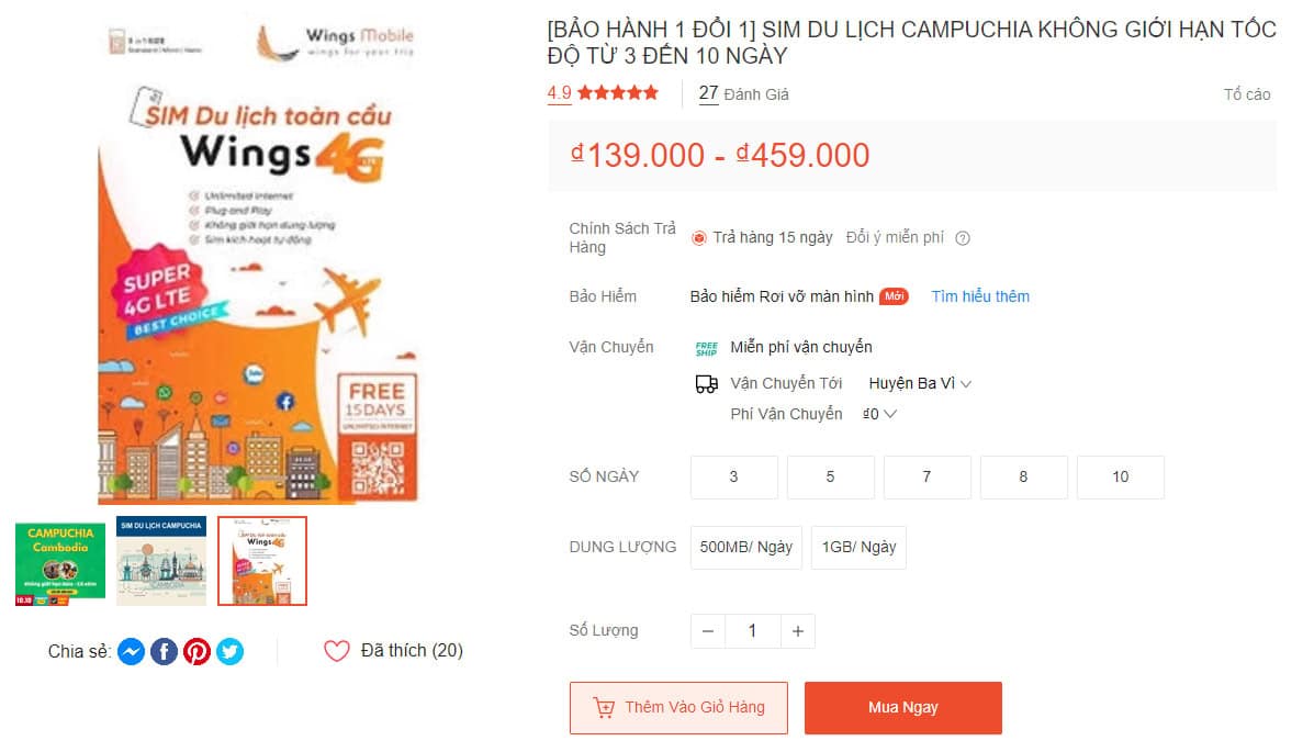 Du khách có thể mua sim du lịch Campuchia tại sàn thương mại điện tử Shopee