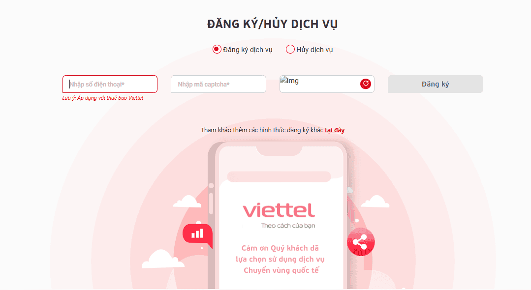 Đăng ký dịch vụ roaming Viettel trên website chính thức của viettel