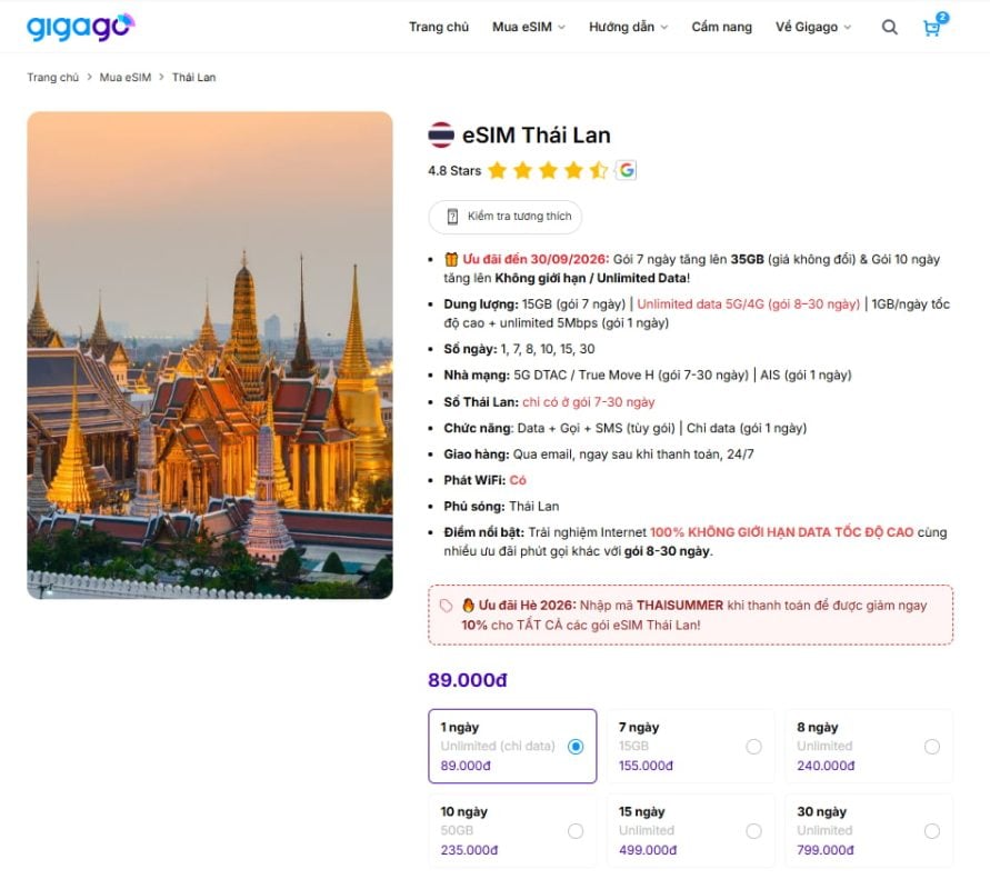 Thông tin và giá Gigago eSIM Thái Lan