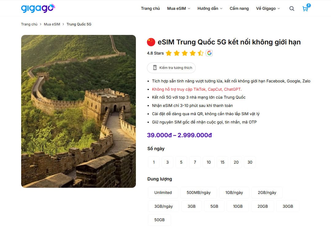 eSIM Trung Quốc của Gigago cho phép truy cập Google