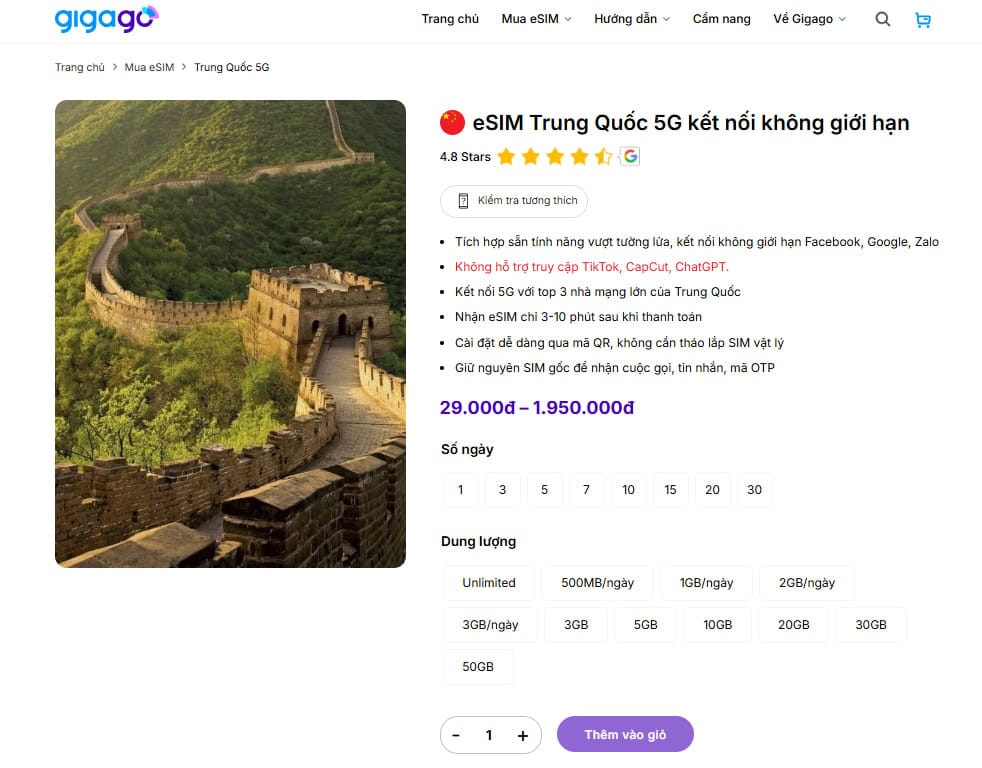 eSIM Trung Quốc của Gigago thay thế SIM viettel roaming