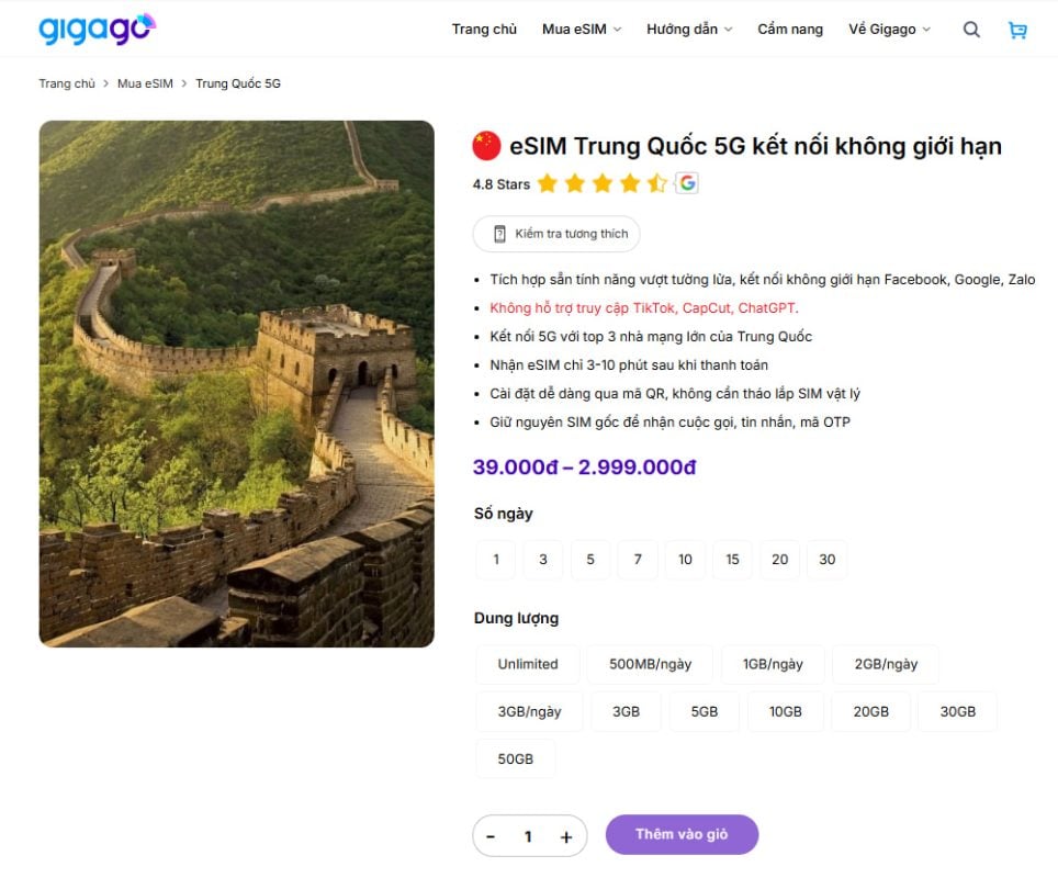 eSIM Trung Quốc của Gigago cho phép truy cập Internet ở Trung Quốc không bị chặn