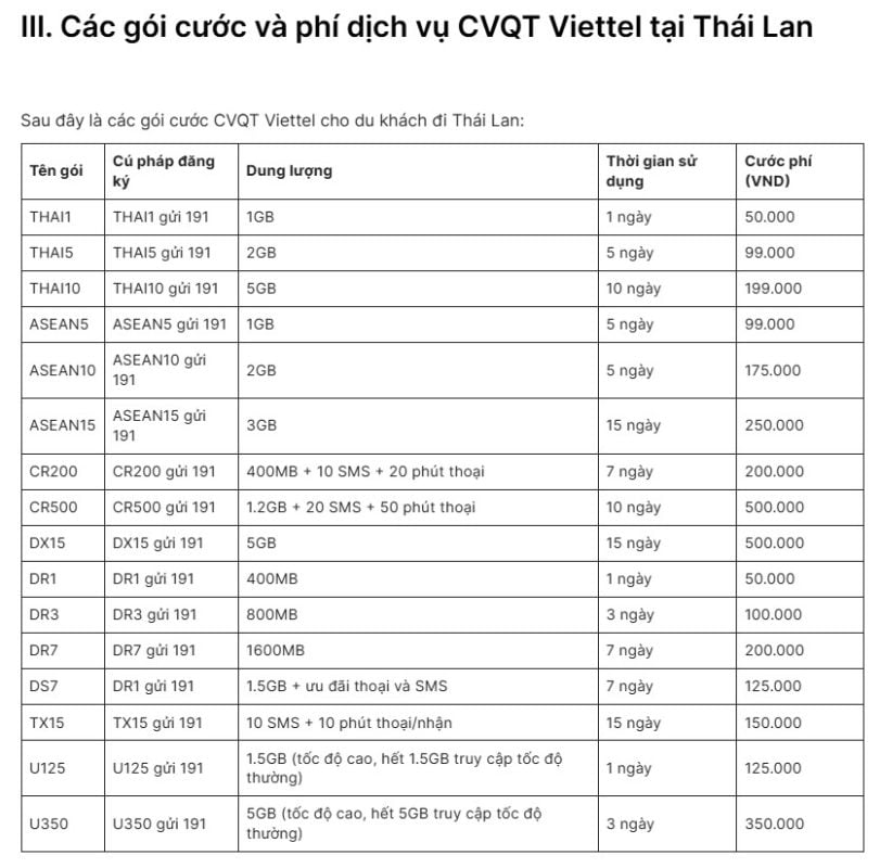 Bảng giá các gói roaming Viettel đi Thái Lan