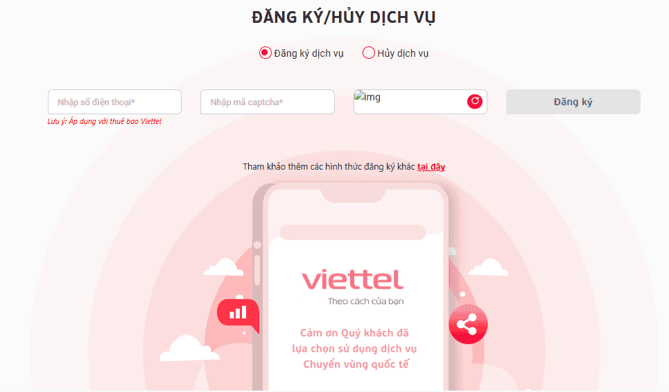 Đăng ký dịch vụ roaming Viettel đi Malaysia trên website chính thức của viettel