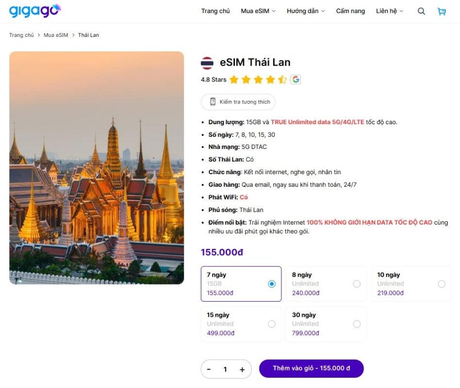 Thông tin và giá các gói eSIM Thái Lan của Gigago