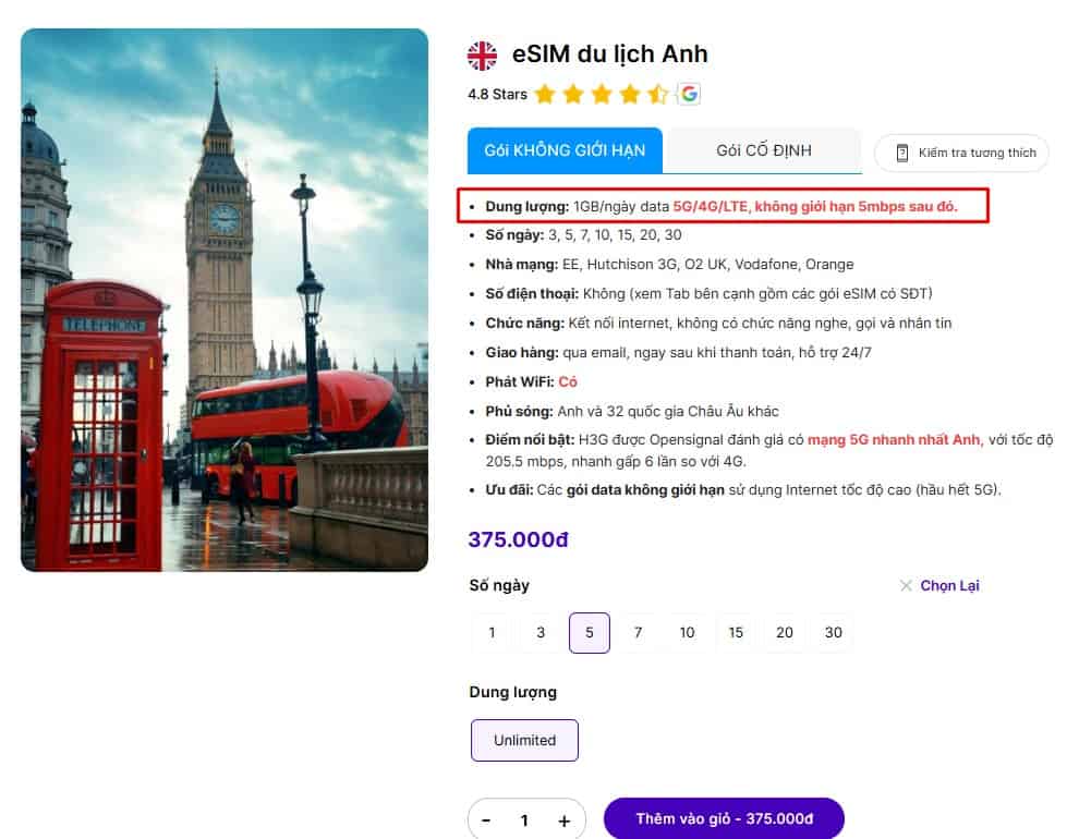 Gói eSIM Anh không giới hạn của Gigago
