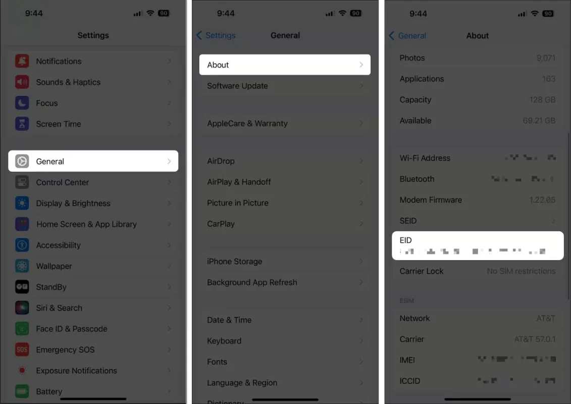 Các bước kiểm tra tìm EID trên điện thoại iphone