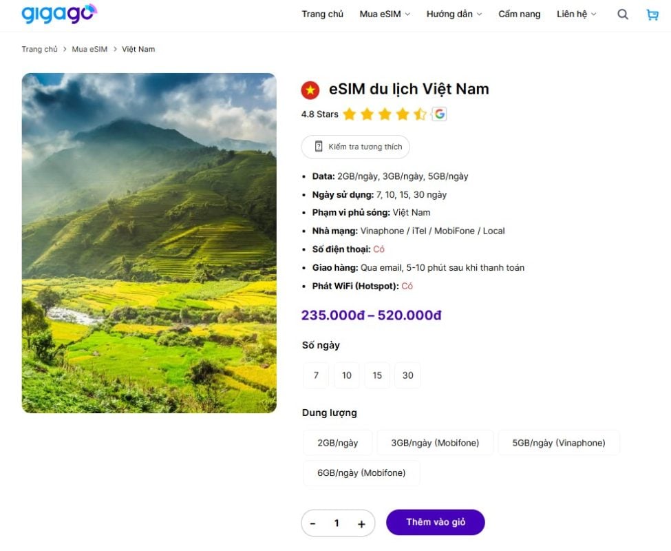 eSIM Việt Nam của Gigago thế Chuyển vùng quốc tế 
