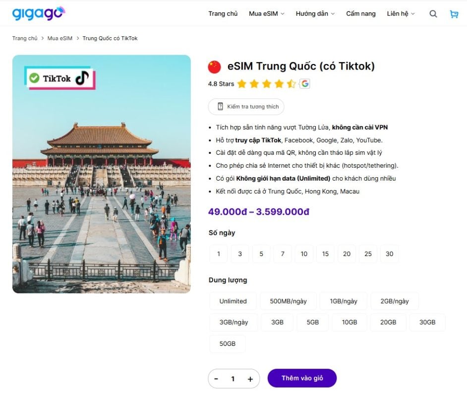 Gigago eSIM Trung Quốc có Tiktok