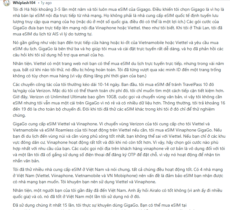 Review 2 từ người dùng trên Reddit về eSIM Việt Nam của Gigago (Nguồn: Reddit)