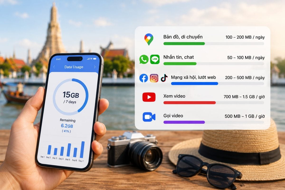 Ước tính dung lượng data eSIM phù hợp chuyến đi Thái Lan 7 ngày