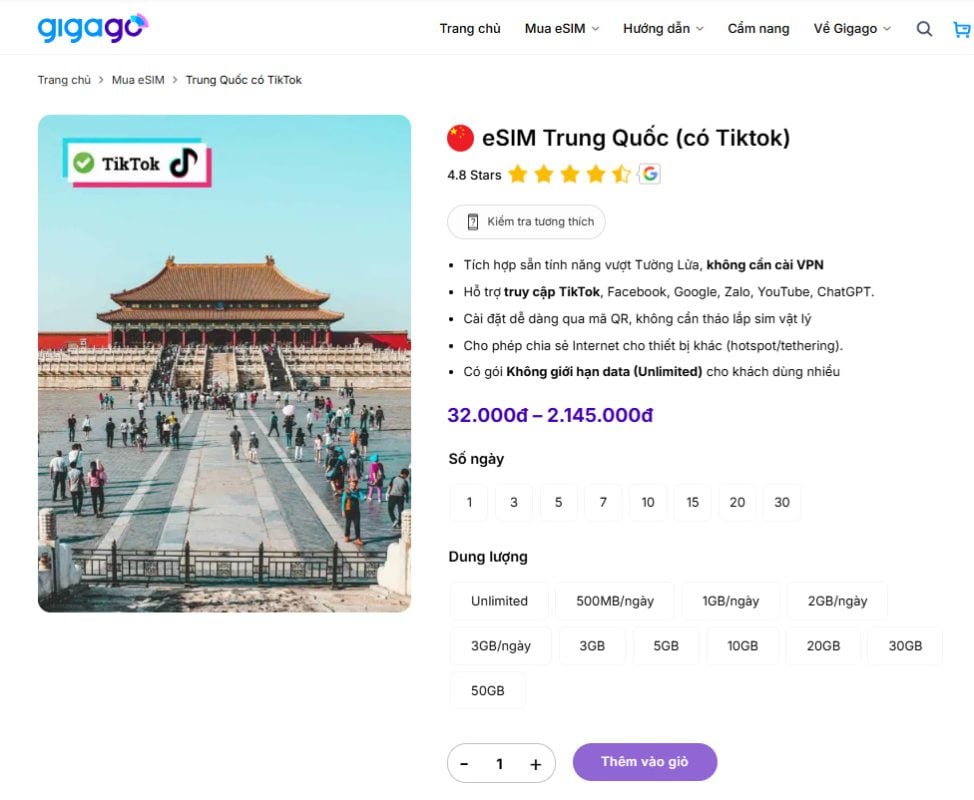 eSIM Trung Quốc hỗ trợ TikTok của Gigago có đa dạng gói cho khách đi tour lựa chọn