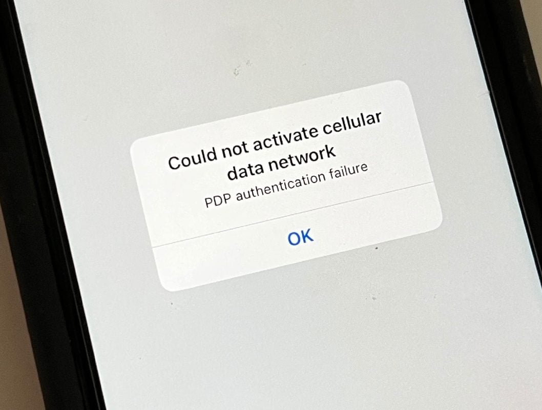 Màn hình hiển thị lỗi PDP authentication failure trên điện thoại